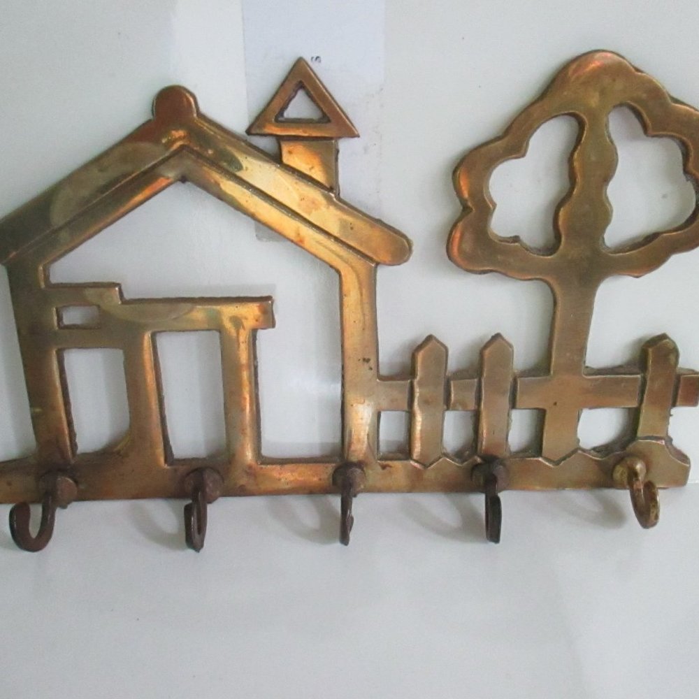 Solid Brass Vintage Key Holder House with Tree 5 hooks